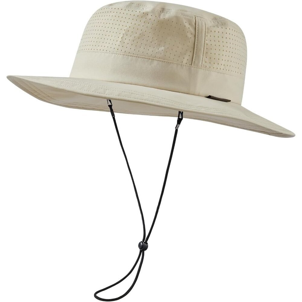 Unisex Beige 100% Polyester Wide Brim Boonie Mesh Adjustable Chin Strip Sun Hat